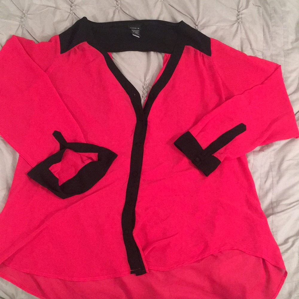 Pink and black button up blouse with draped back